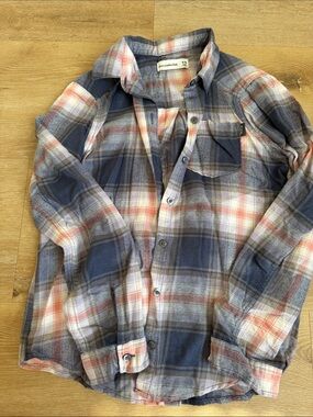 Abercrombie kids Navy and Coral Plaid Flannel Button-Down Shirt